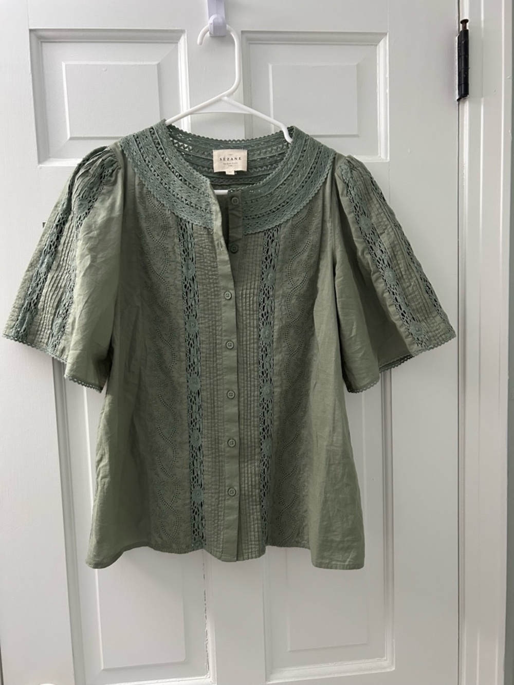Sezane Olive Green Crochet-Trim Button Down Top